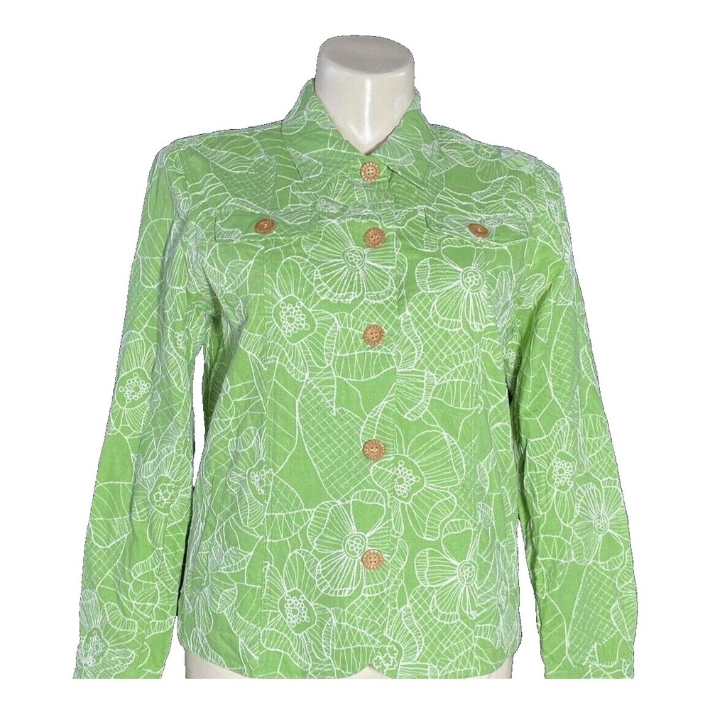 COLDWATER CREEK Jacket LARGE Green White Floral Embroider Button Pocket Work $89